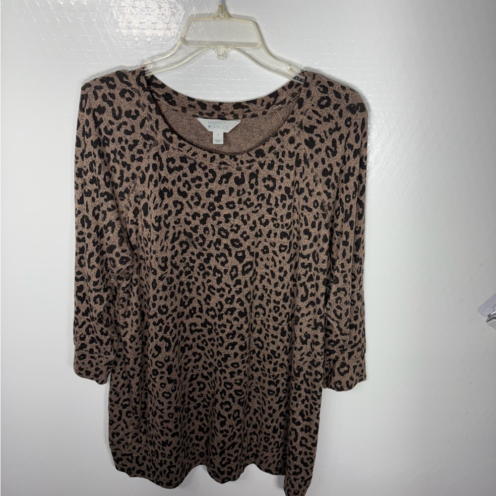 Market & Spruce Brown Leopard Print Long Sleeve Top 413
